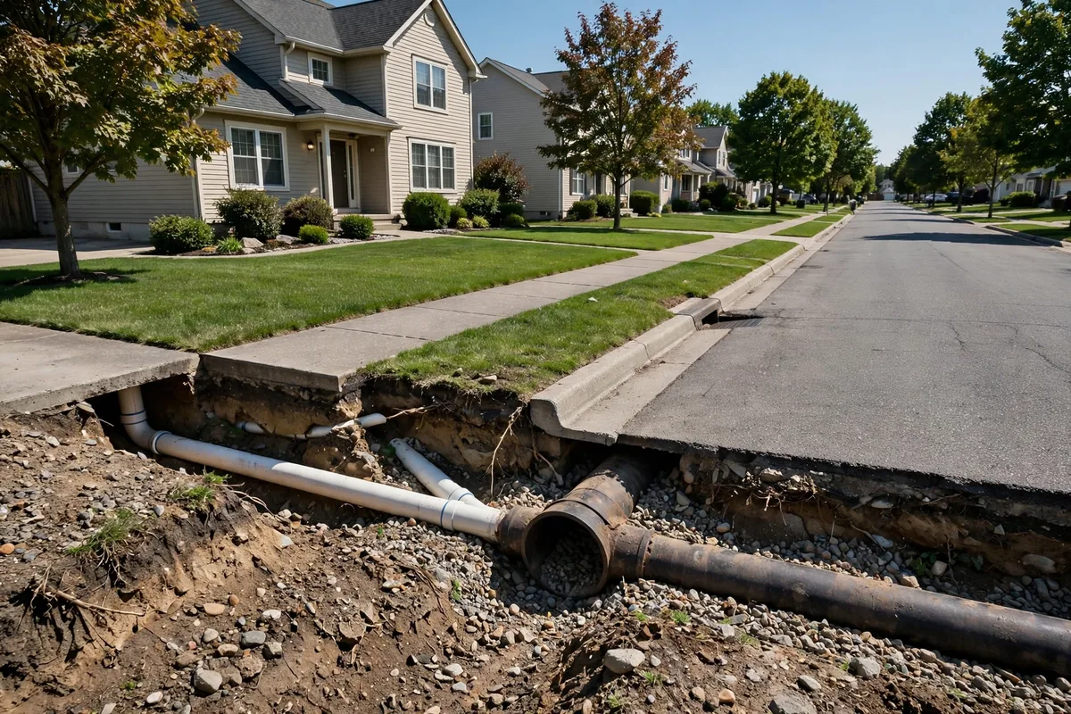 Residential street view showing a home, sidewalk, and street: the buried sewer lateral runs from the house to the city main under the road
