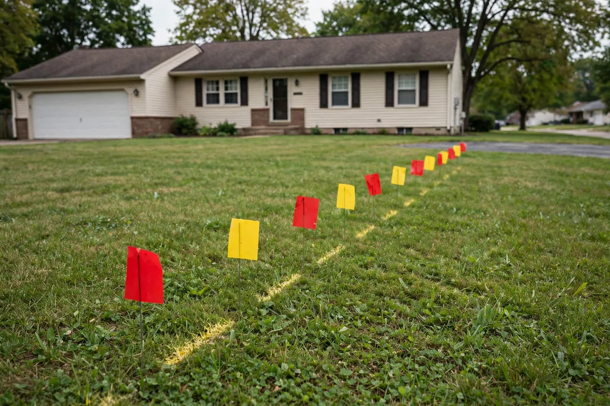 Red and yellow utility locate flags marking a sewer line route across an Ohio front lawn