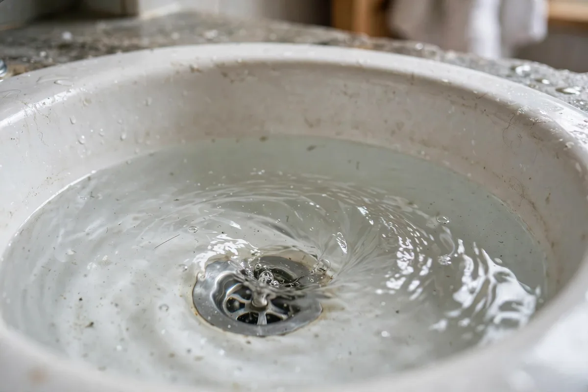 Bathroom sink with standing water draining very slowly, an early warning sign of a drain line problem