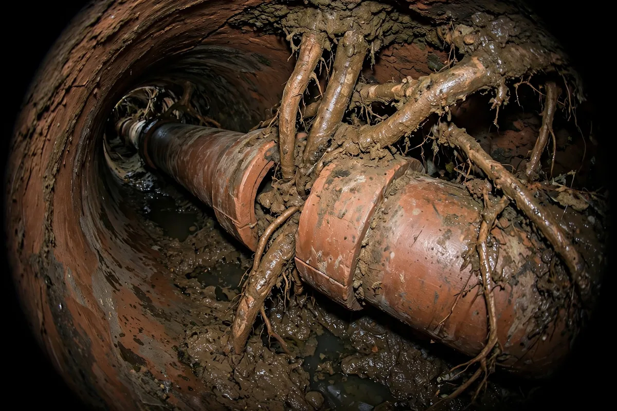 Sewer camera view inside a clay pipe showing thick tree roots intruding through a joint, a common cause of slow drains in Ohio