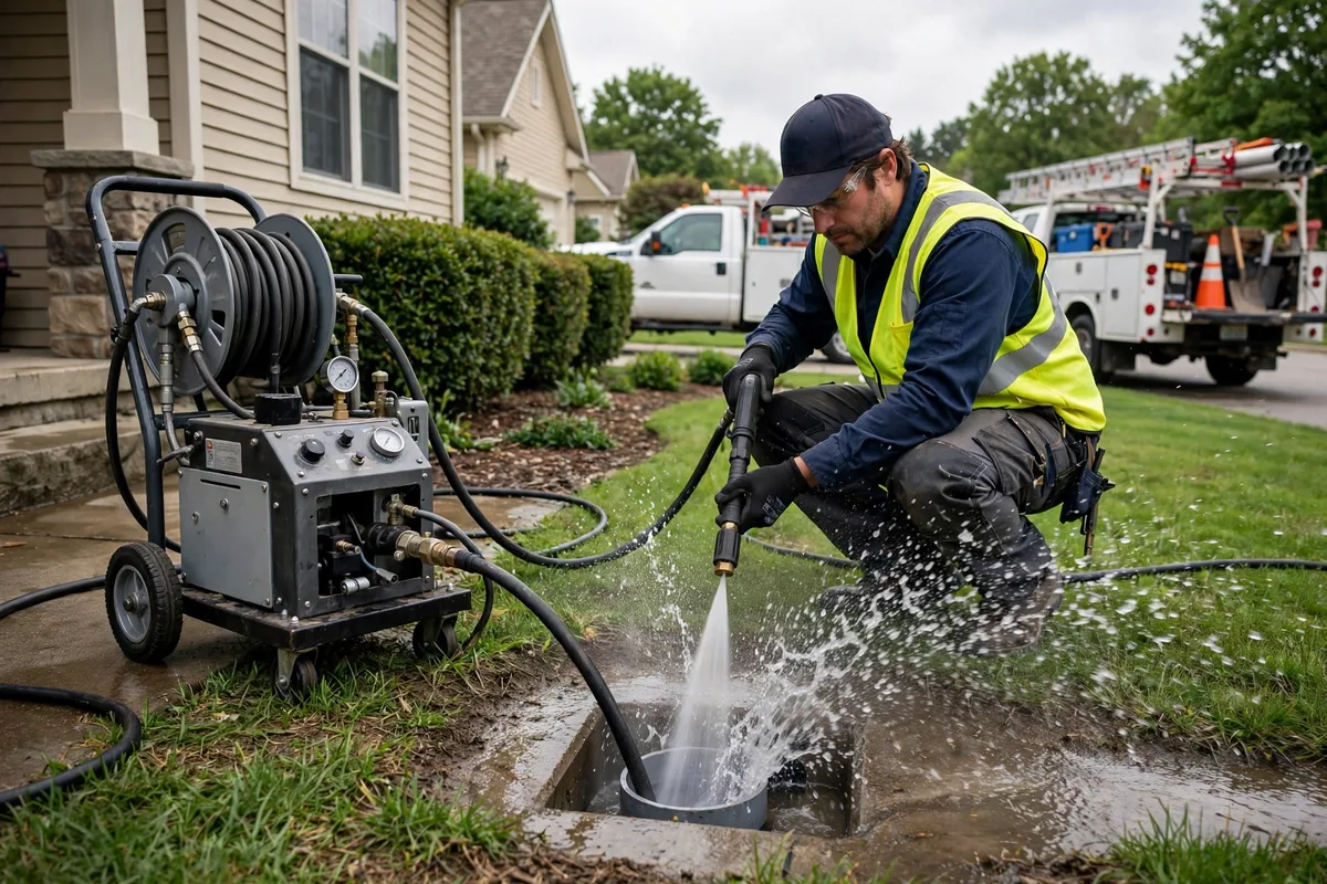 Technician operating hydro jetting equipment to clear a stubborn drain line blockage at an Ohio home