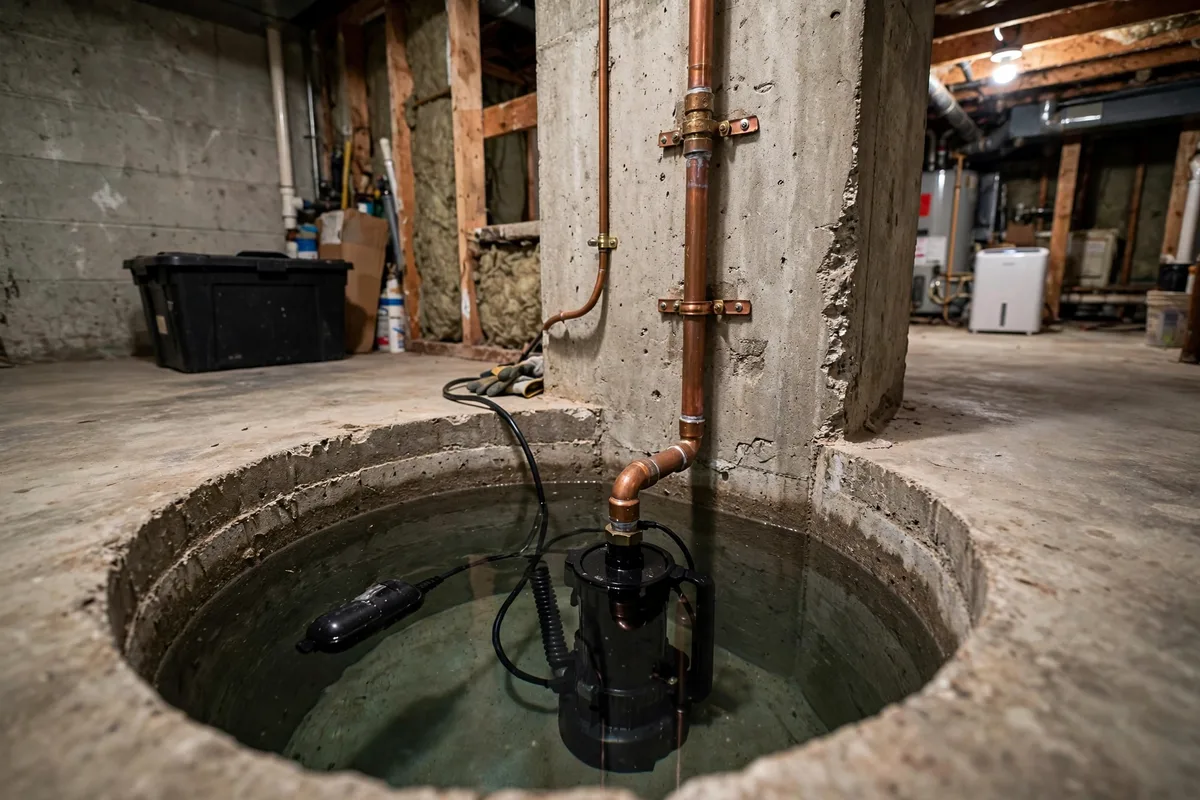 Sump pump sitting in a concrete sump pit in an Ohio basement, the first line of defense against groundwater