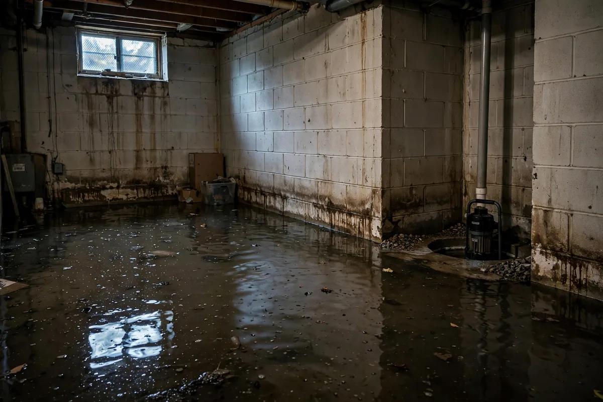 Flooded Ohio basement with standing water after a sump pump failure during a heavy storm