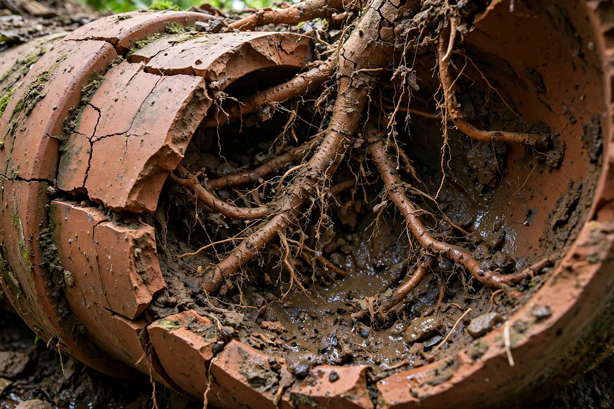Tree roots penetrating a cracked clay sewer pipe joint, growing inside the pipe