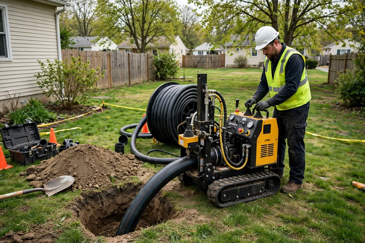 Trenchless pipe bursting machine working in an Ohio backyard with new HDPE pipe feeding into a small entry pit