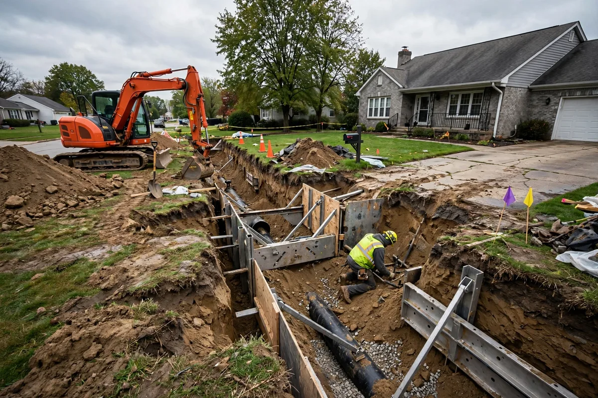 Open trench excavation across a torn-up suburban lawn with an excavator during traditional sewer replacement