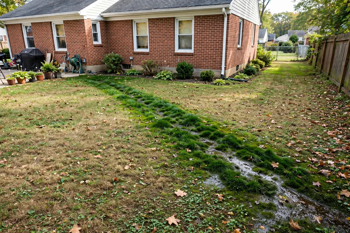 Suspiciously lush green soggy strip of grass crossing an Ohio backyard, a classic sign of a leaking sewer line