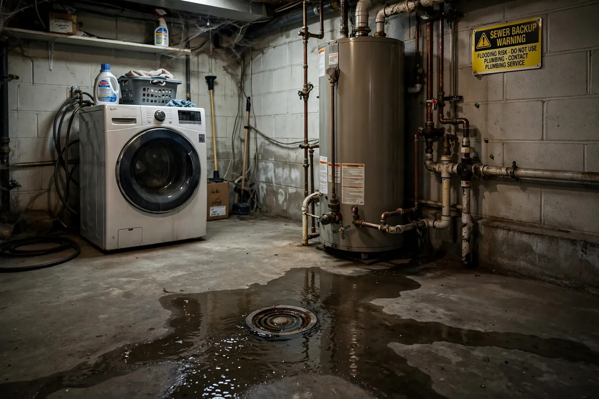 Basement floor drain with standing water pooling around it, a warning sign of a sewer backup