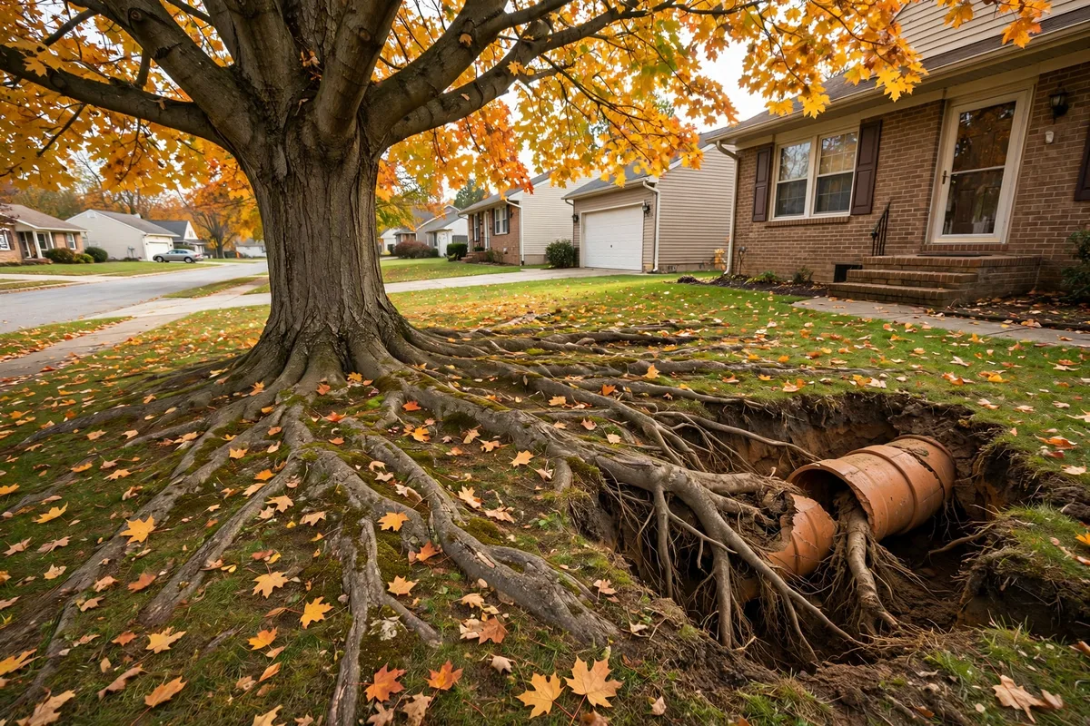 Large mature maple tree with thick surface roots spreading across an Ohio front yard toward the house