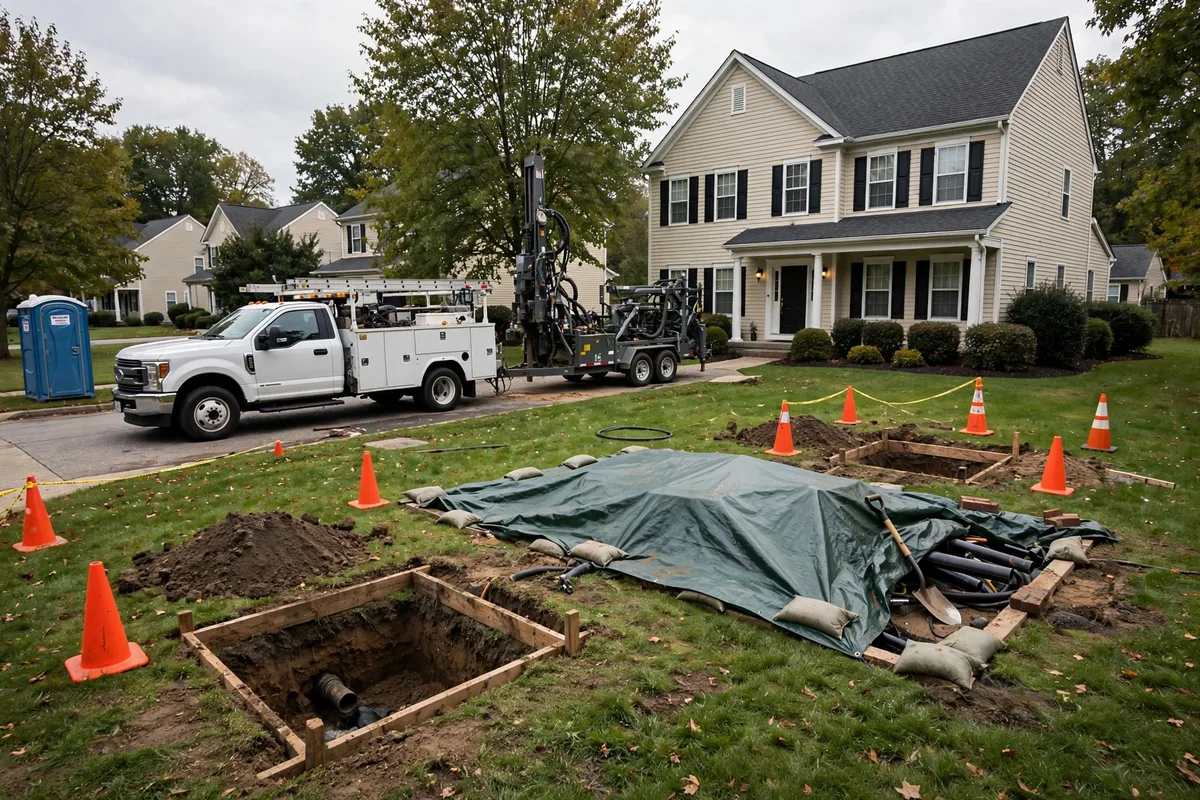 Sewer repair work in a residential yard with a portable restroom by the curb and the house undisturbed