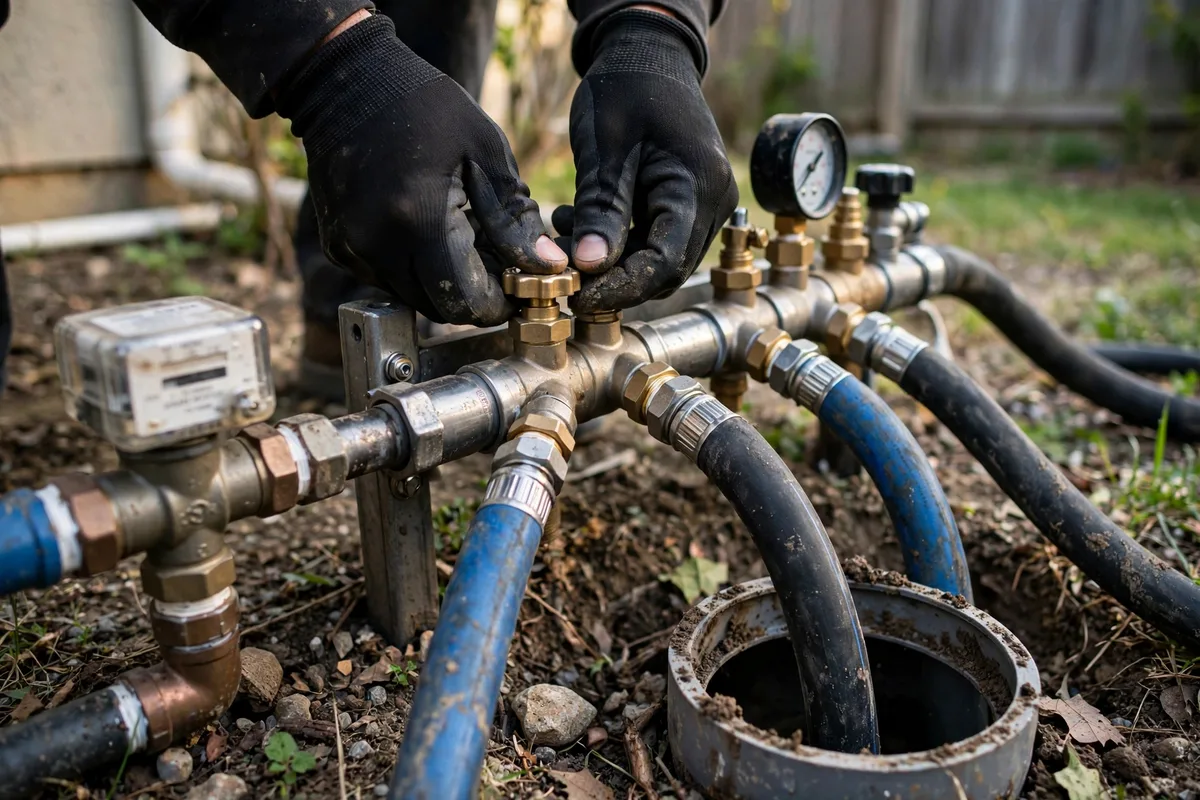 Technician adjusting trenchless pipe lining equipment at an open sewer cleanout with the home's water meter still connected