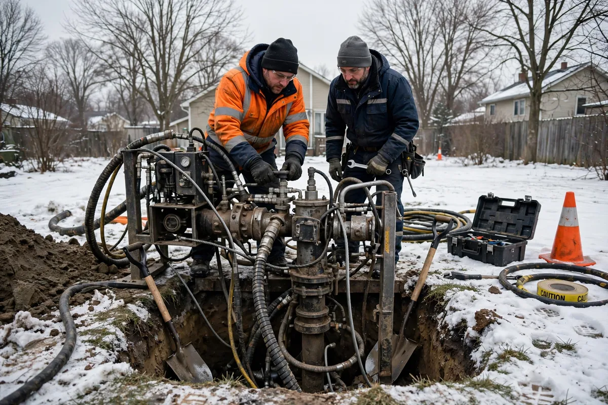 Trenchless sewer repair crew operating a pipe-bursting rig in a snowy Ohio yard
