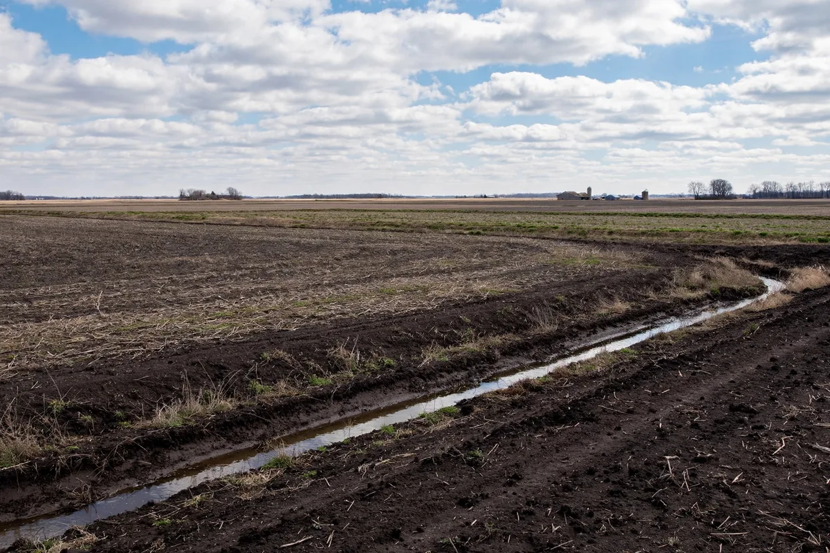 Flat northwest Ohio farmland with drainage ditches and dark soil near Bowling Green