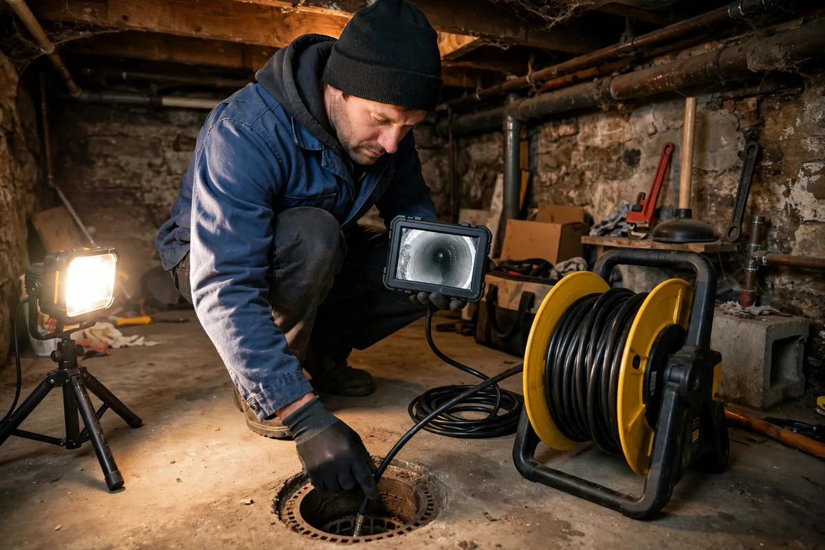 Plumbing technician feeding a sewer camera cable into a basement floor drain in an older Bowling Green home