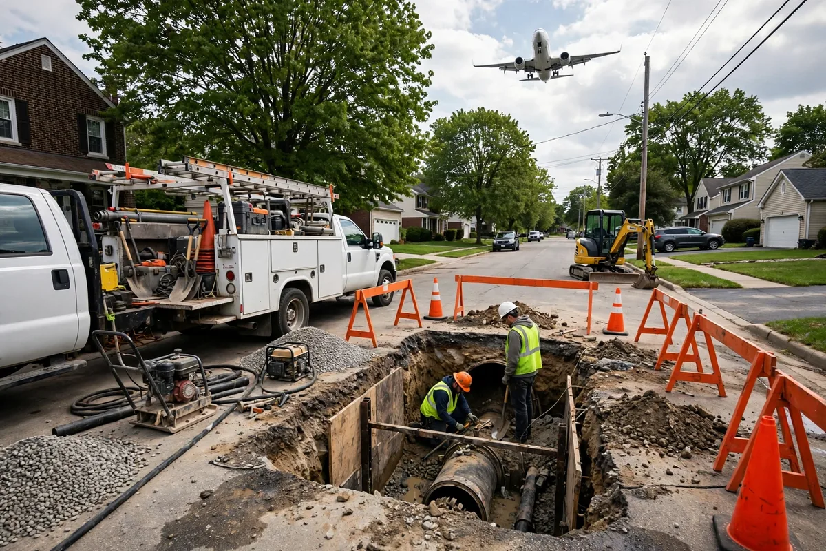 Sewer repair crew excavating a small repair pit on a Brook Park, Ohio street with an airplane approaching the nearby airport overhead