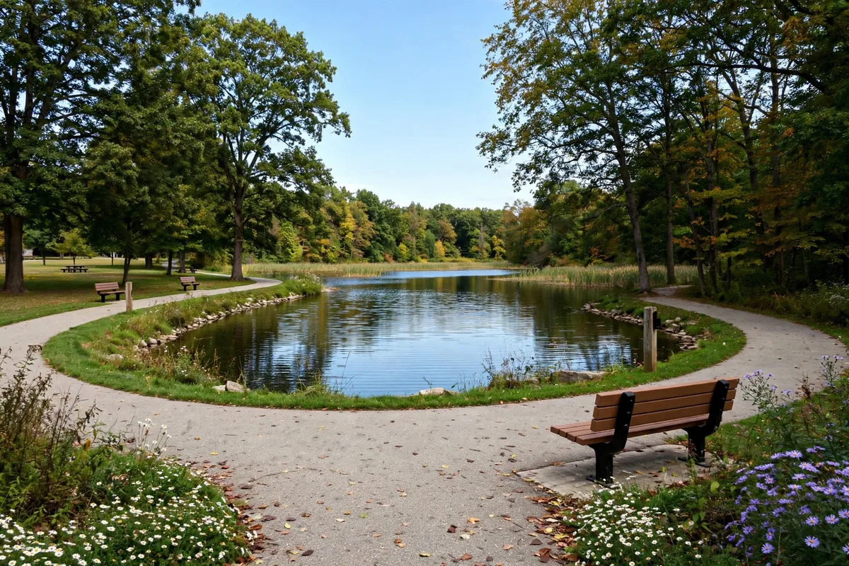 Brunswick Lake with a walking path and trees in Brunswick, Ohio