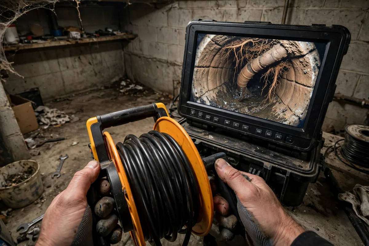Sewer camera monitor showing roots inside an old clay pipe during an inspection in Canton, Ohio