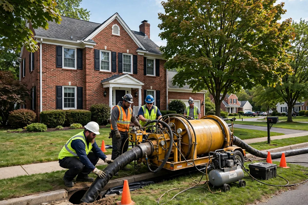 Trenchless sewer lining crew working in front of a brick colonial home in Canton, Ohio