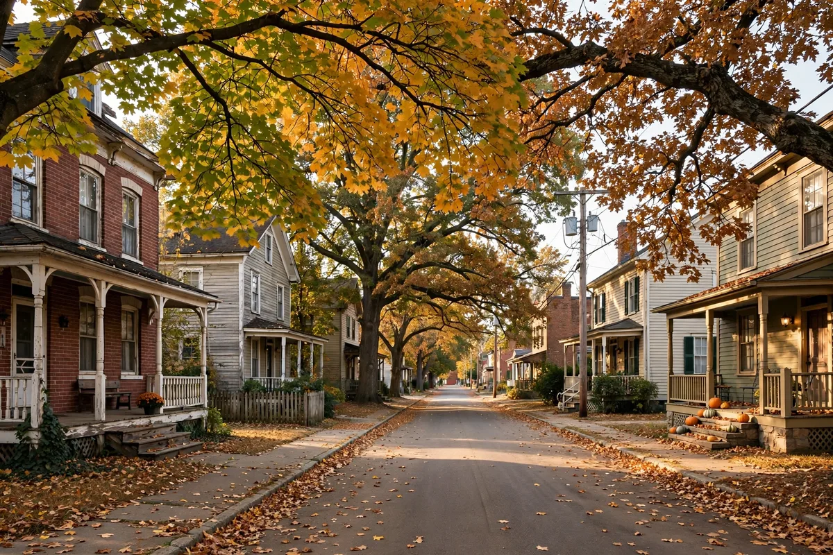 Historic early-1900s residential street in Canton, Ohio, with brick homes and large mature maple and oak trees