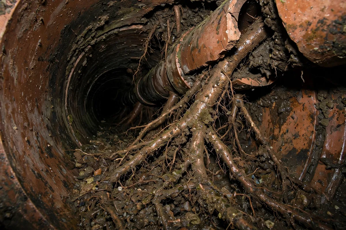 Inside an old clay tile sewer pipe: tree roots pushing through a separated mortar joint and filling the pipe