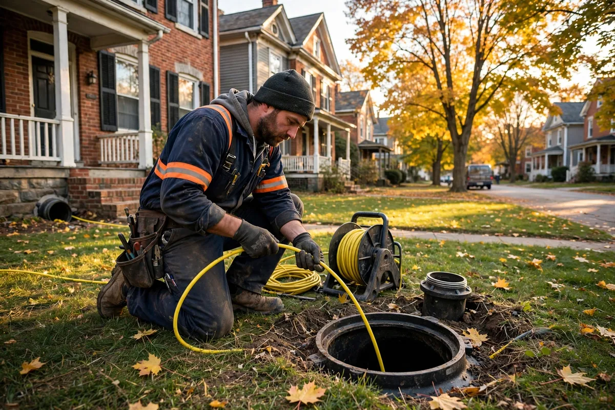Sewer technician feeding a camera cable into a cleanout in the front yard of an older brick Canton home, historic houses and autumn maple trees behind him