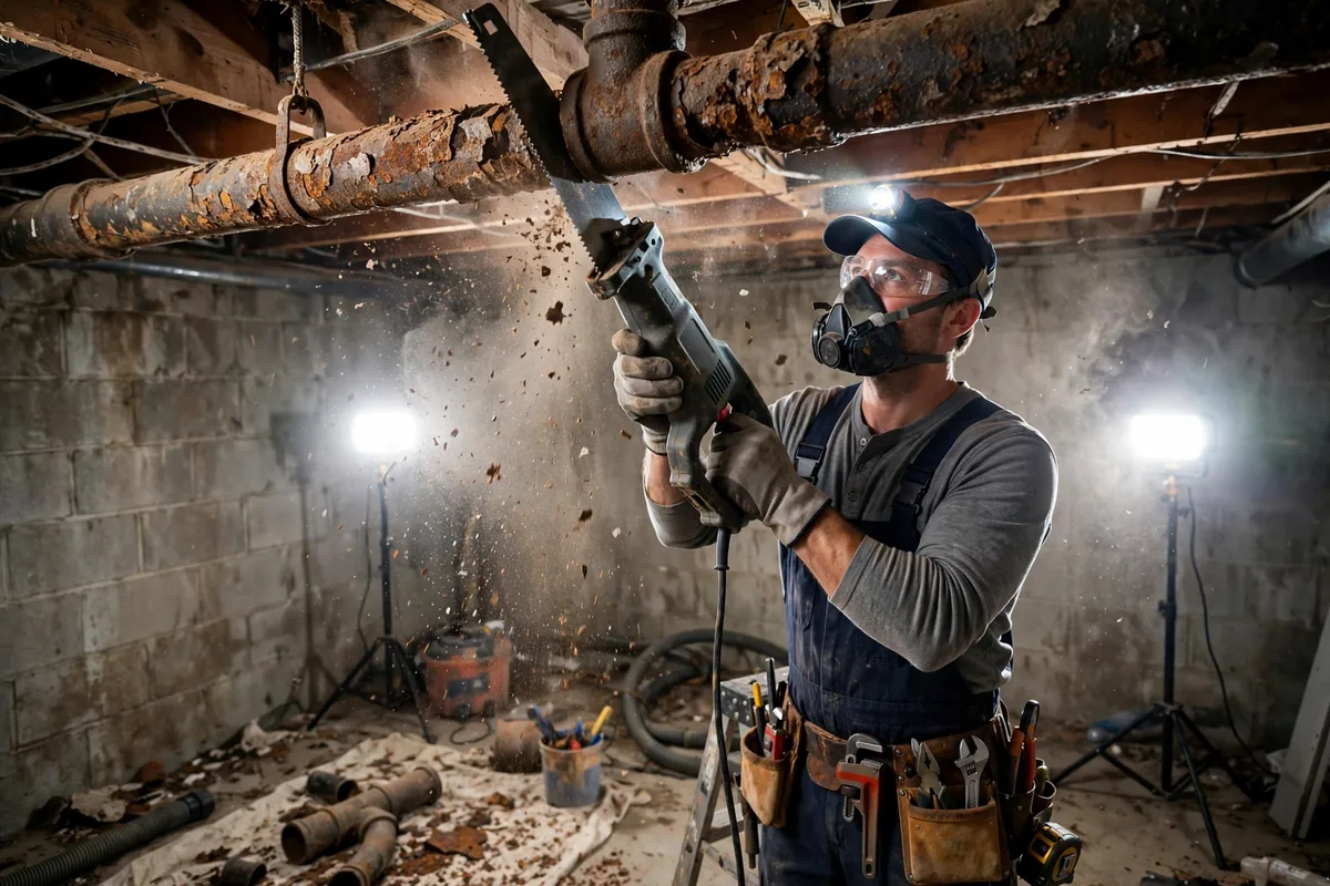 Plumber cutting out a section of old corroded cast iron drain pipe in the exposed ceiling of an Ohio home basement, with rust flakes visible