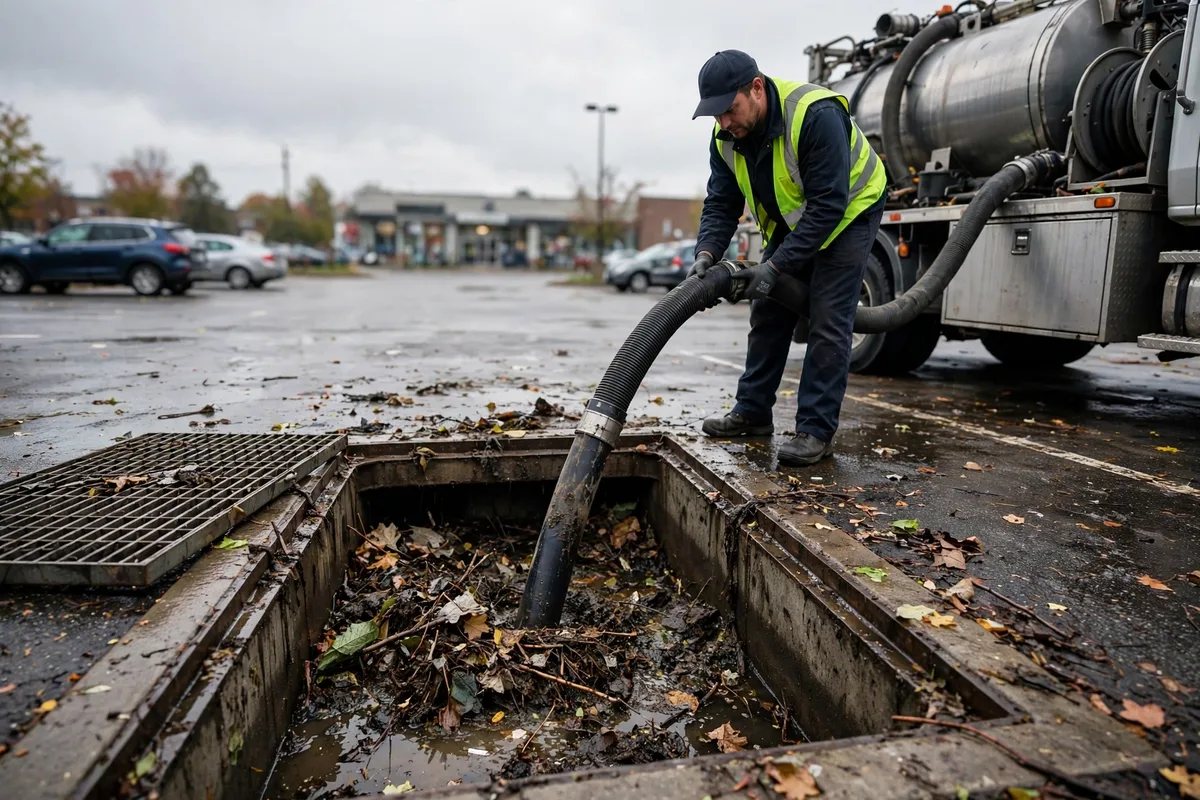 Vacuum truck hose cleaning leaves and sediment out of an open catch basin in a commercial parking lot