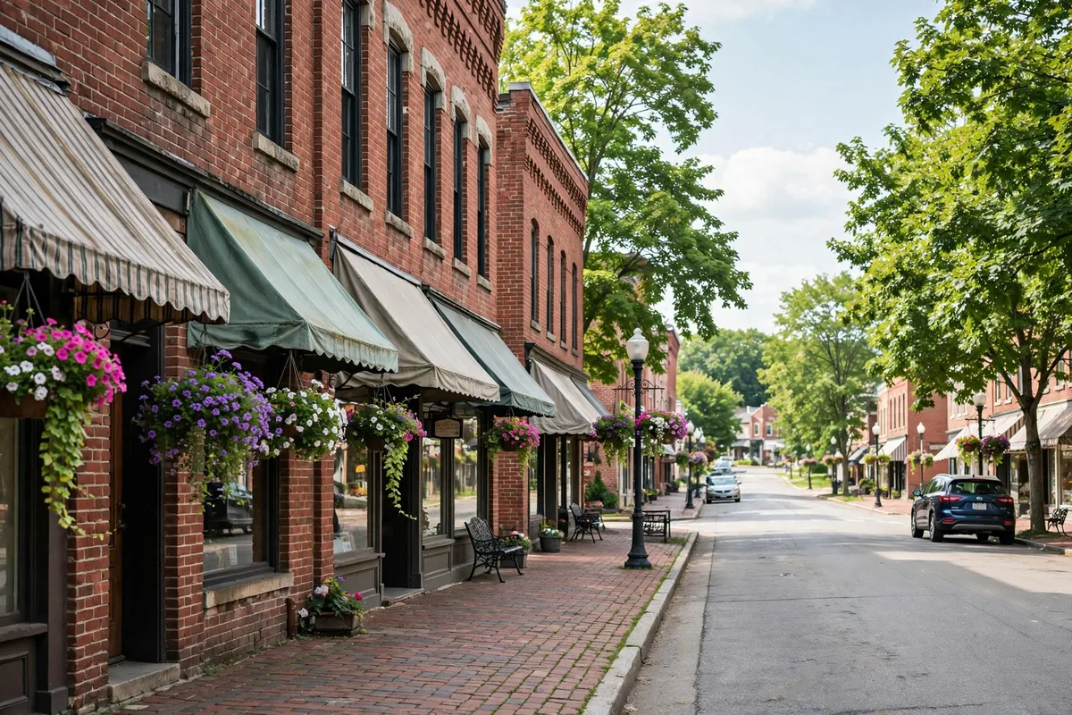 Historic small-town main street with 1800s brick storefronts and hanging flower baskets in Centerville