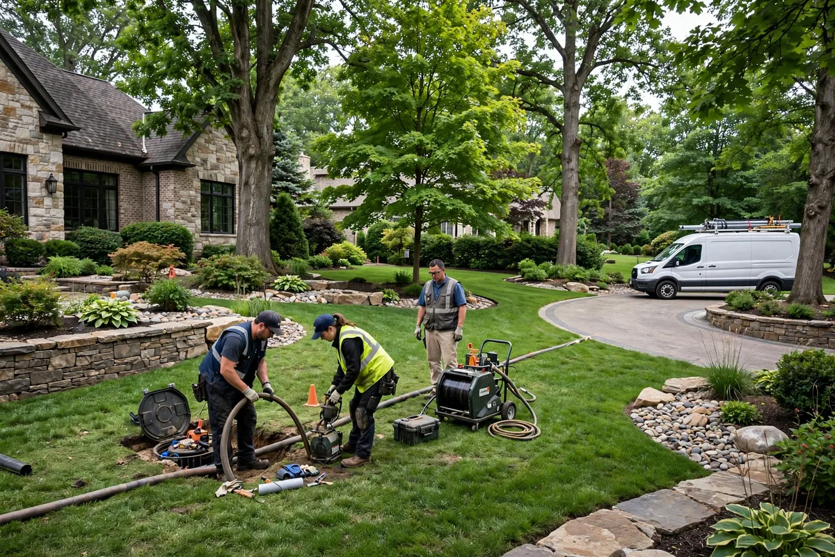Trenchless pipe lining crew working in the landscaped yard of an upscale Centerville home