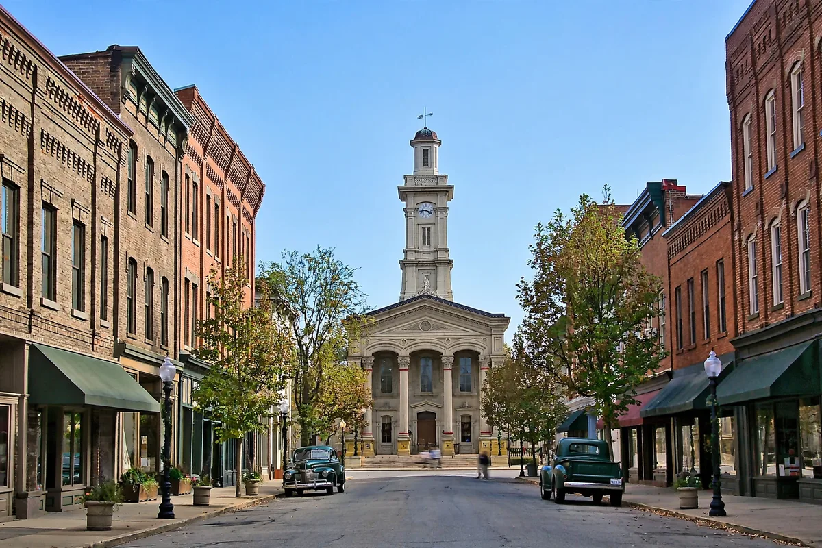 Downtown Chillicothe historic main street with 1800s brick buildings and the old county courthouse