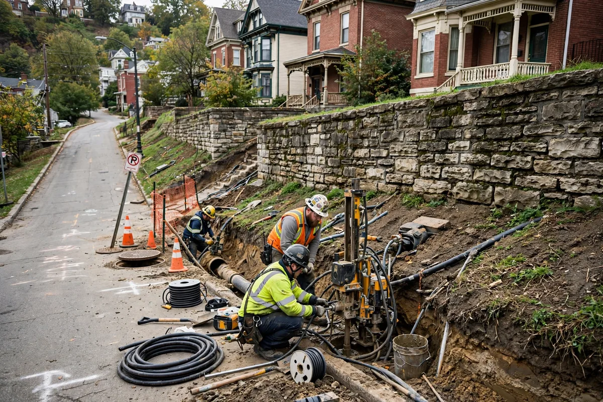 Trenchless sewer repair crew working on a steep Cincinnati hillside with stone retaining walls