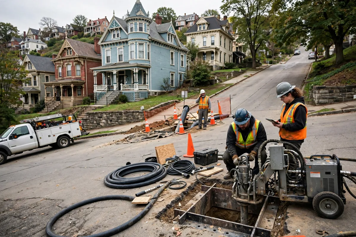 Sewer repair crew operating pipe-bursting equipment on a steep Cincinnati street lined with historic Victorian homes on a hillside