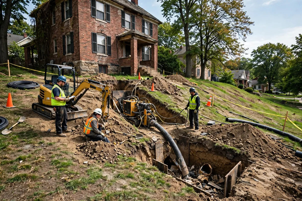 Trenchless pipe bursting crew working on a sloped hillside lot in front of an older brick Cincinnati home