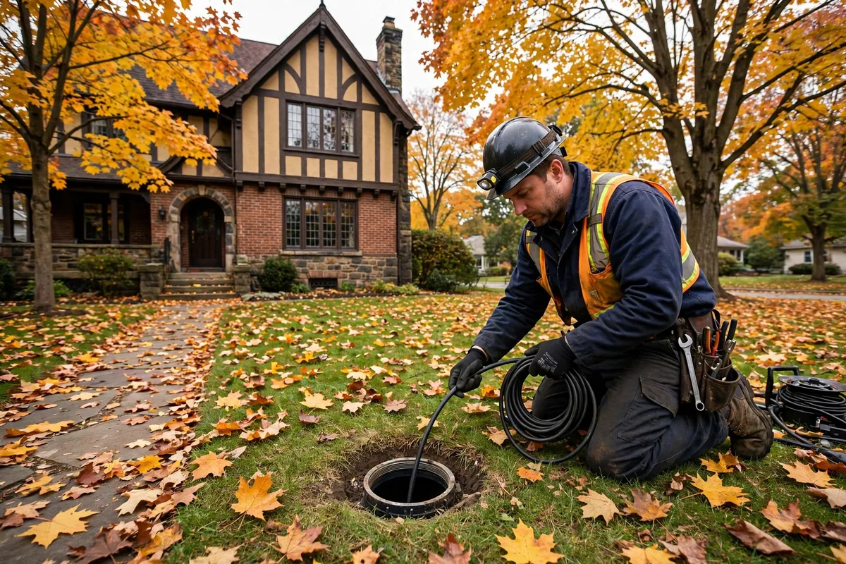 Sewer technician feeding a camera cable into a cleanout in the front yard of a 1920s Tudor home in Cleveland Heights, Ohio, with mature maple trees and fall leaves