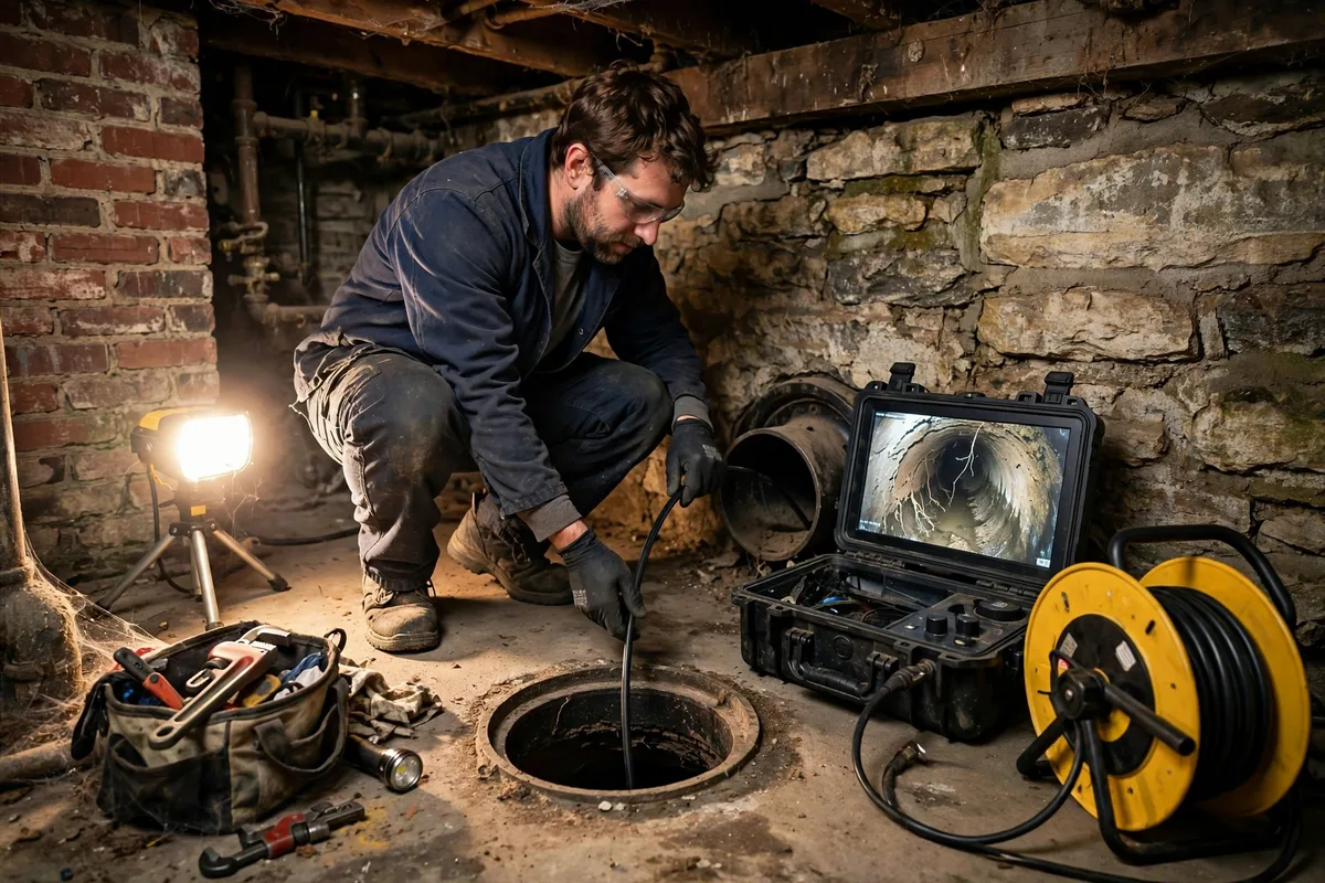 Technician running a sewer camera inspection in an older Cleveland home with brick and stone basement walls, monitor showing the inside of the pipe