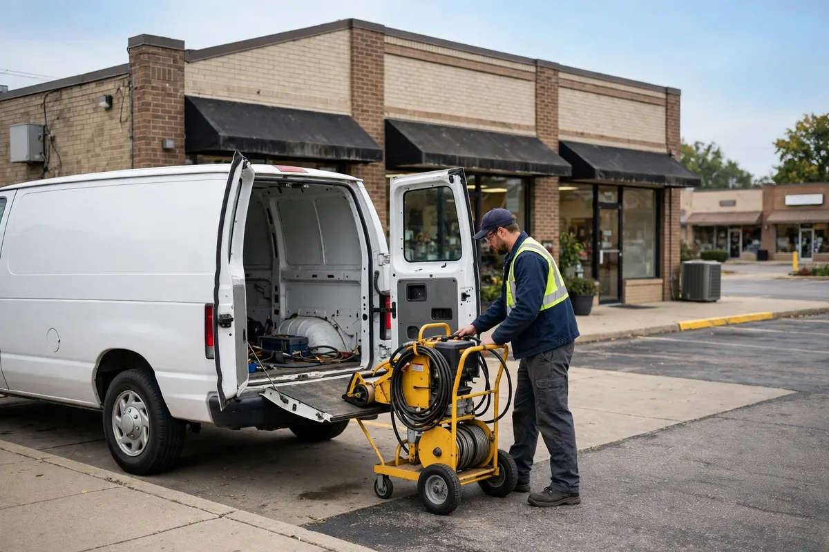 Unmarked white work van parked in front of a small Ohio strip mall with a technician unloading drain cleaning equipment