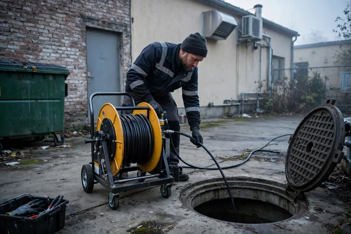 Service technician with a sewer camera reel working behind a commercial restaurant building in the early morning