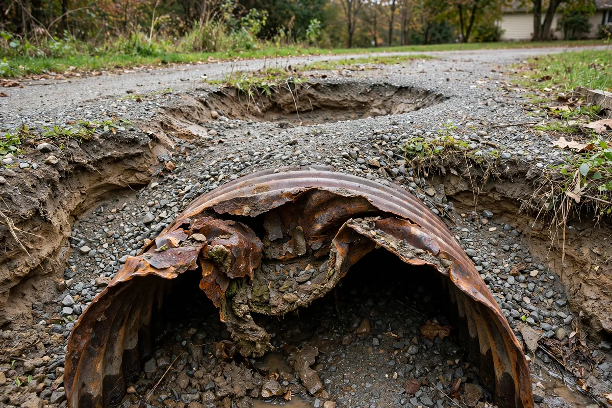 Damaged rusted steel culvert pipe end, crushed and corroded, with a sinkhole in the gravel driveway above it