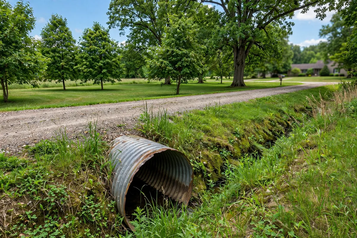 Corrugated steel culvert pipe end visible where a drainage ditch passes under a gravel driveway in rural Ohio