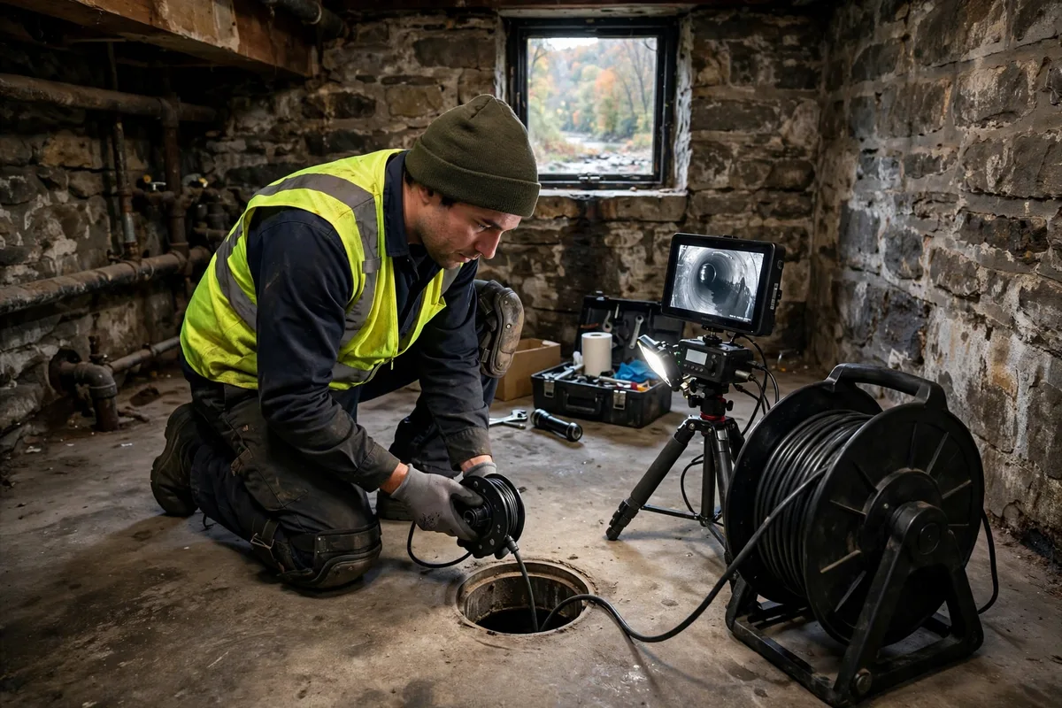 Sewer technician running a camera inspection in an older Cuyahoga Falls home near the river valley
