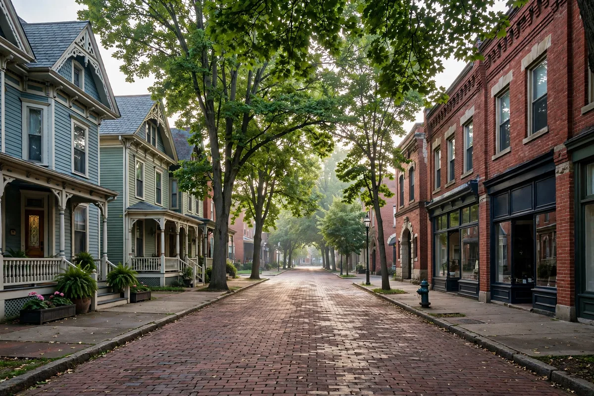 Historic brick street in a Dayton Ohio neighborhood with Victorian-era homes and mature trees over century-old clay sewer lines