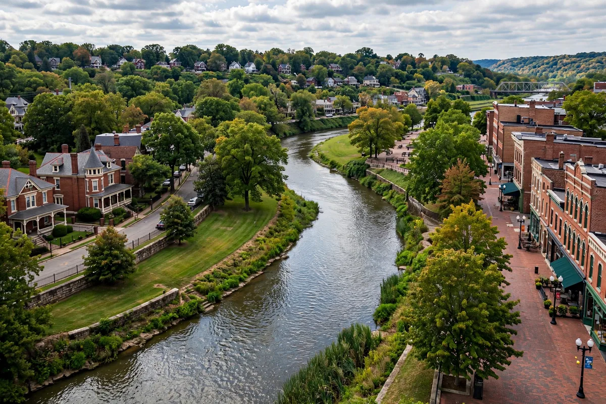 Great Miami River winding through a Dayton Ohio residential valley with historic brick homes and tree-lined streets