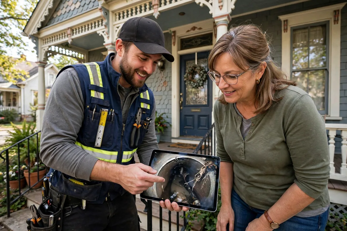 Technician feeding a sewer camera cable into an outdoor cleanout in a Delaware, Ohio front yard