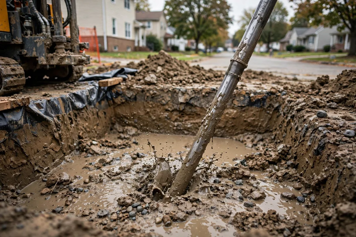Close-up of steel drill rods angled into a directional drilling entry pit with drilling fluid around the bore entry