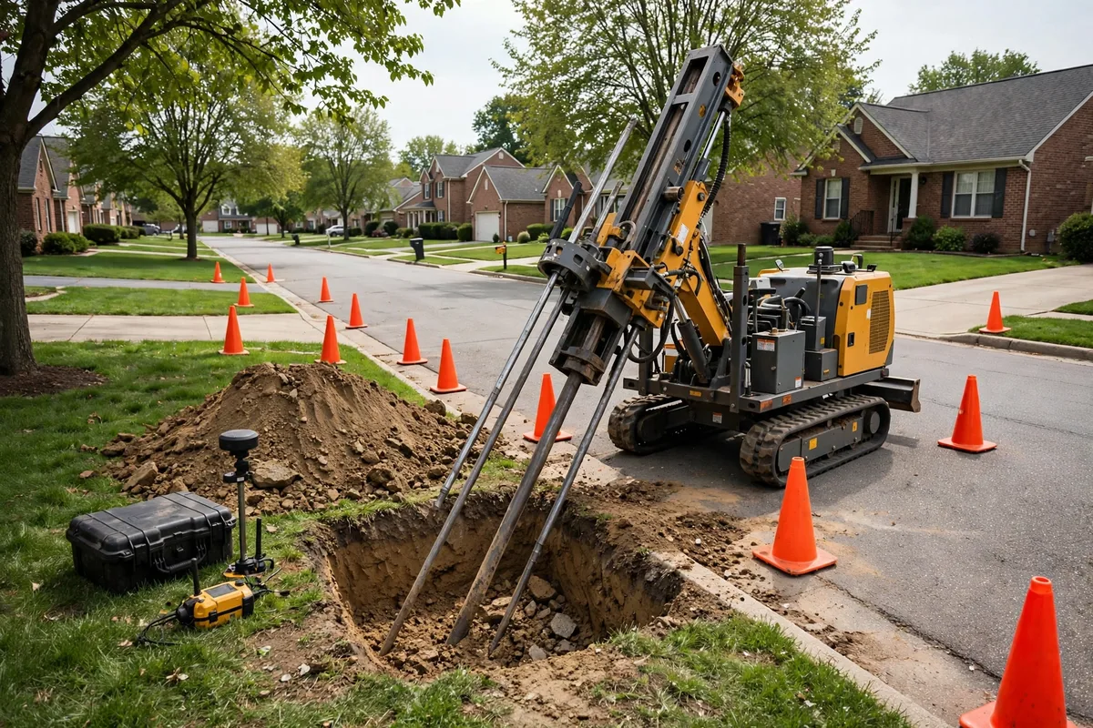 Horizontal directional drilling rig set up on an Ohio residential street, drill rods angled into a ground entry pit with suburban homes behind
