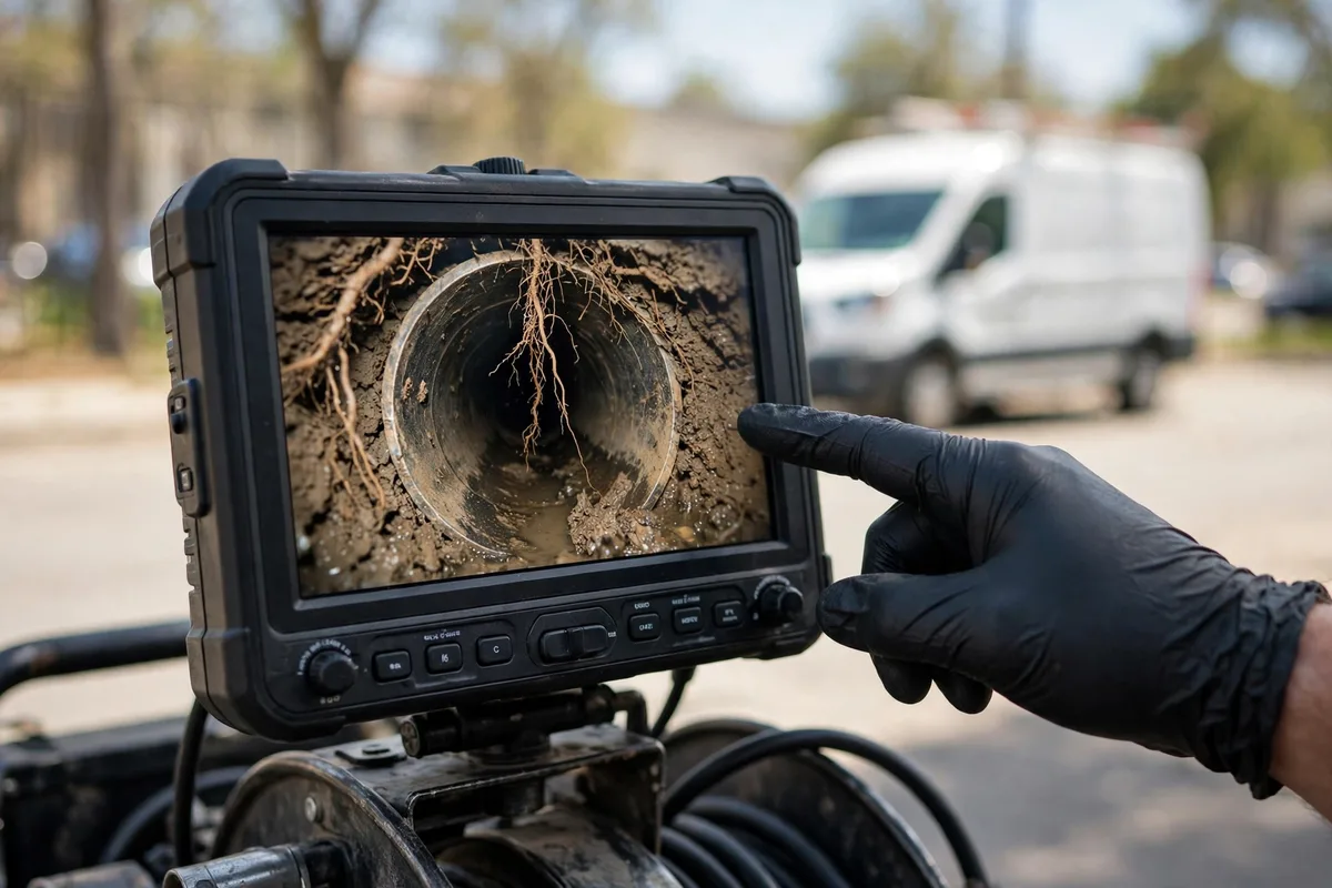 Technician holding a sewer camera monitor showing the inside of a residential sewer pipe