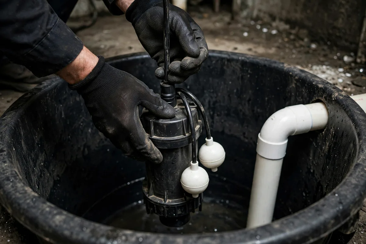 Plumber lowering a sewage ejector pump into an open ejector basin during installation in a basement