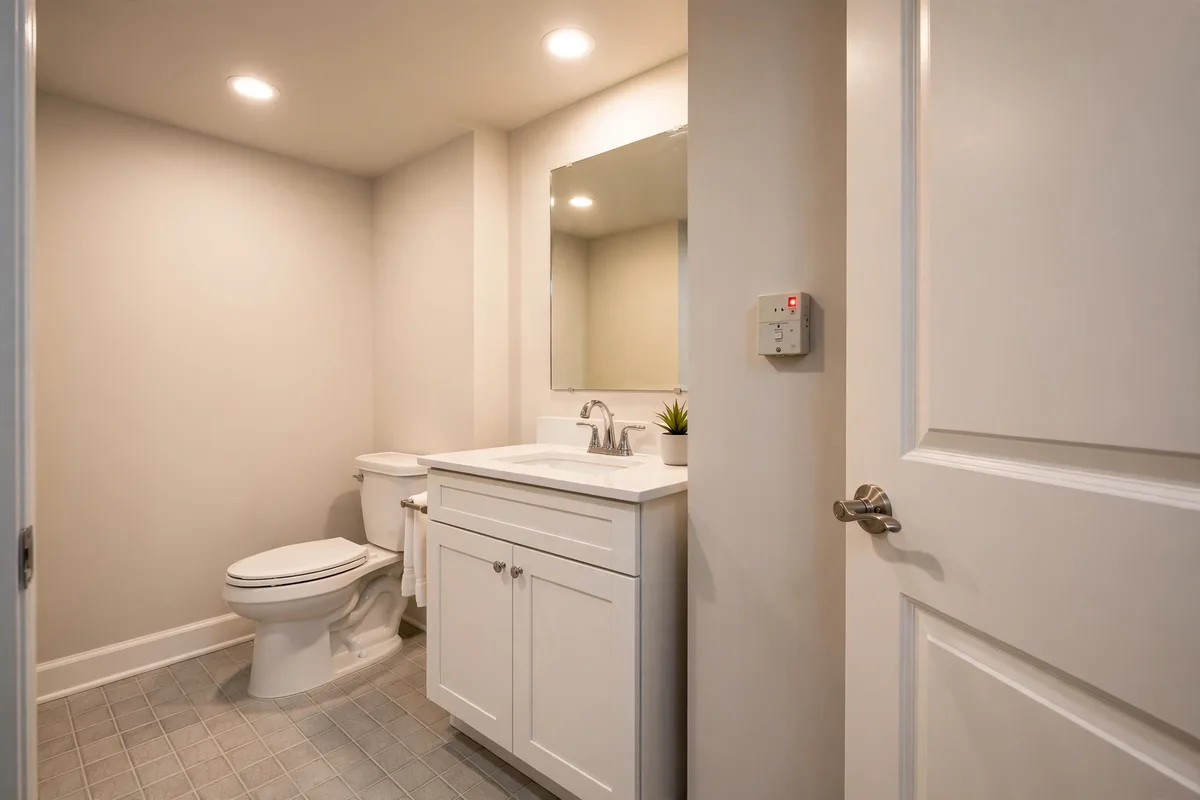 Finished basement bathroom with an ejector pump high-water alarm panel mounted on the wall