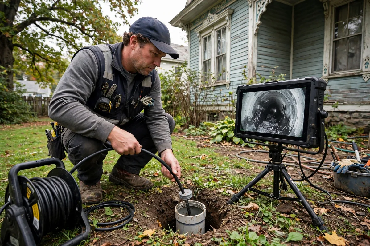 Plumbing technician feeding a sewer camera into a cleanout pipe at an older Victorian home in Elyria, Ohio