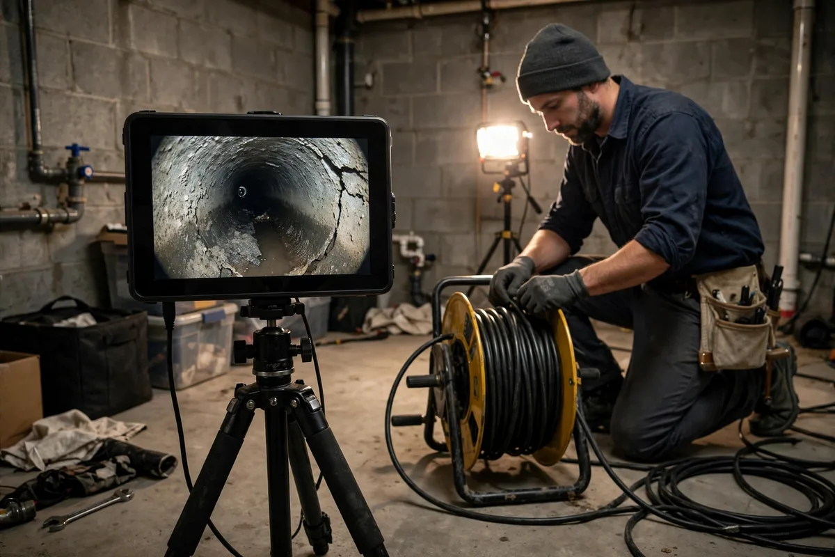 Sewer camera monitor on a tripod in a home basement displaying a live view inside a sewer pipe, with a technician adjusting the cable reel beside it